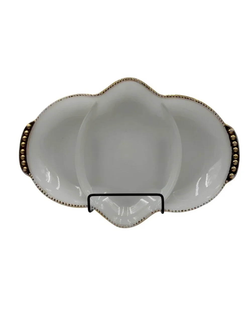 Vintage Fire King Milk Glass Divided Serving Dish With Gold Beaded Rim